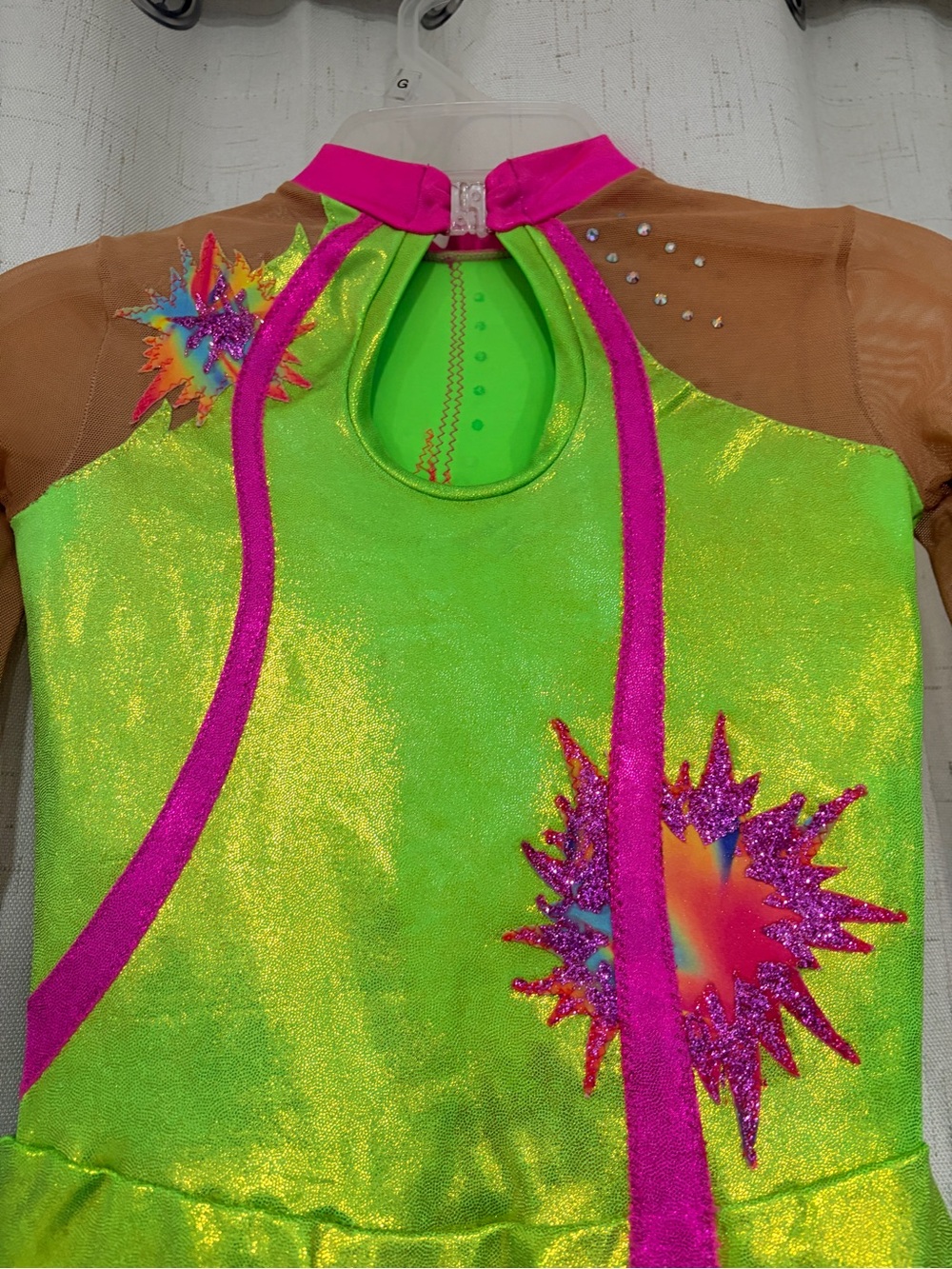 Neon Lime Green and Hot Pink Figure Skating Dress - Picture 4 of 4